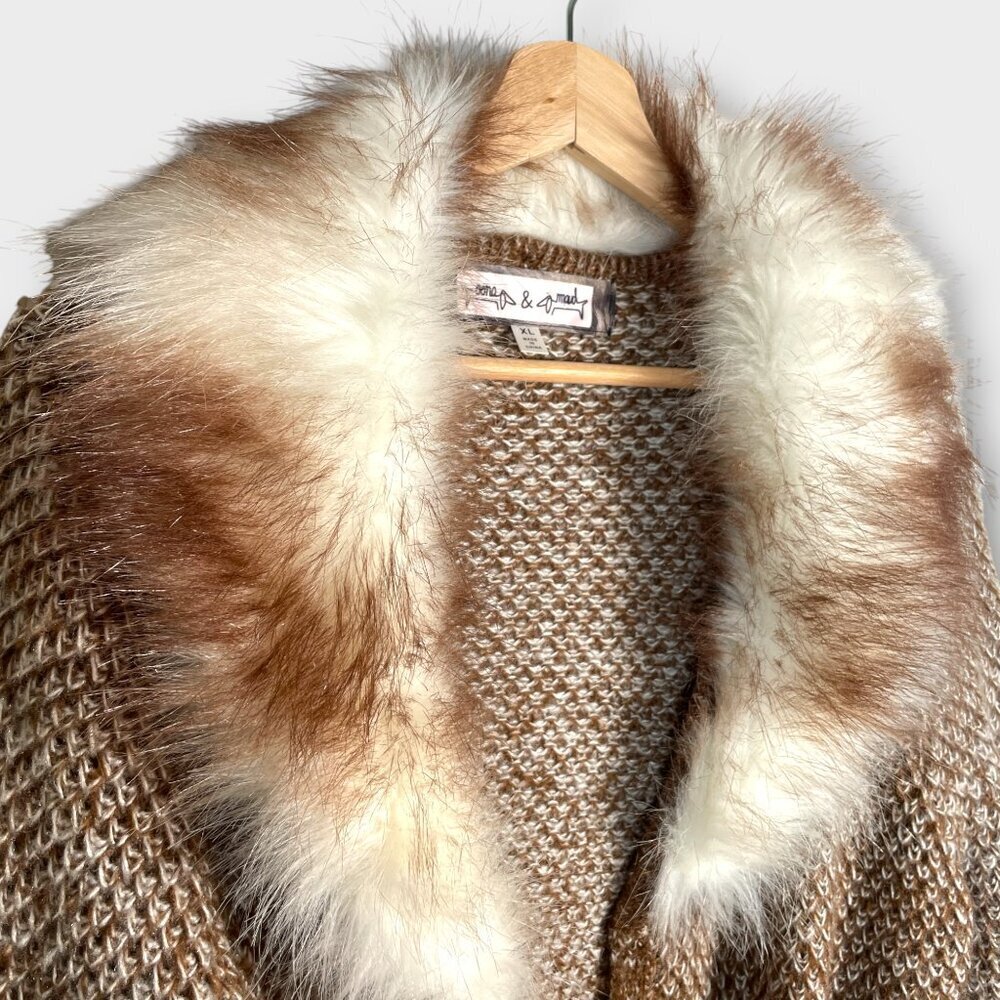 Oona & Maud Belted Cardigan XL Removable Faux Fur Trim Brown *SEE NOTES* - Picture 3 of 11